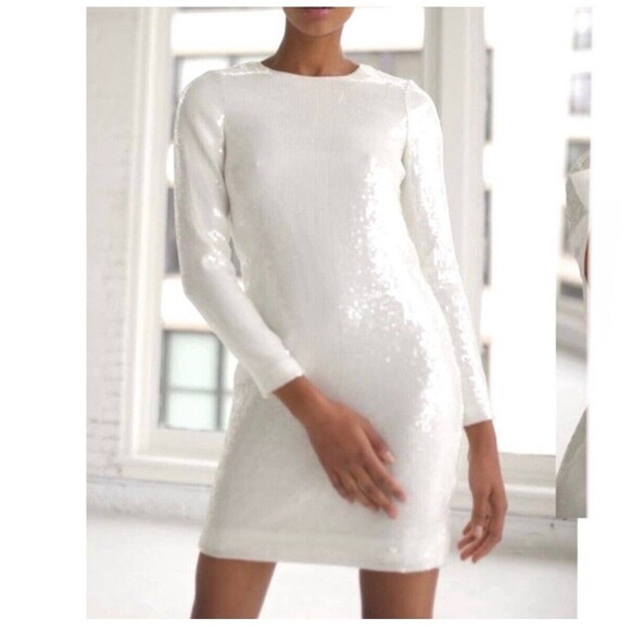 Amsale Dress Ivory White Sequin Open Back Bow Long Sleeve Sheath Mini Zip Size 6 - Picture 2 of 12